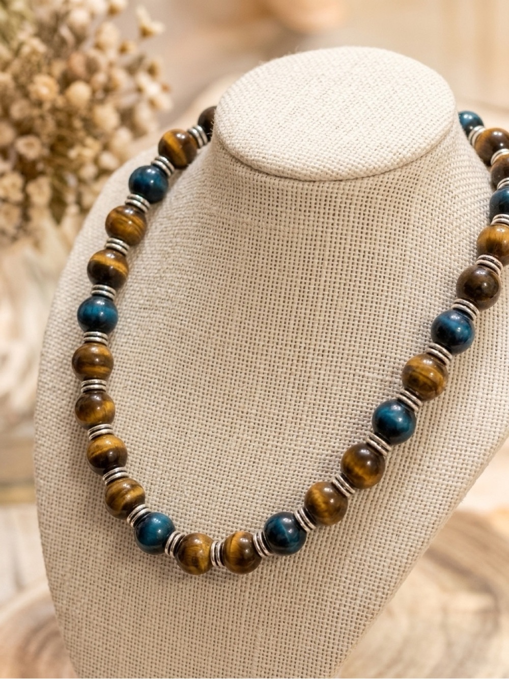 Men's Handmade Necklace - Brown & Teal Tiger’s Eye Stones